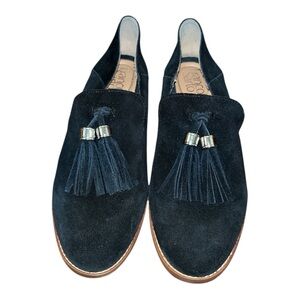 FRANCO SARTO Hadden Black Suede Tassel Almond-Toe Slip-On Loafers size 8 preppy